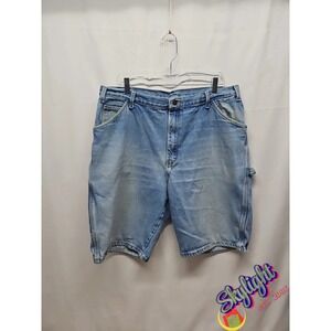 Dickies Men Blue Relaxed Carpenter Denim Jean Shorts Jorts Distressed Size 38